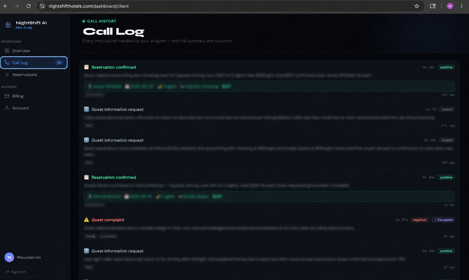 NightShift AI call log showing reservation confirmed, guest information requests, complaints, and escalations with timestamps and sentiment tags